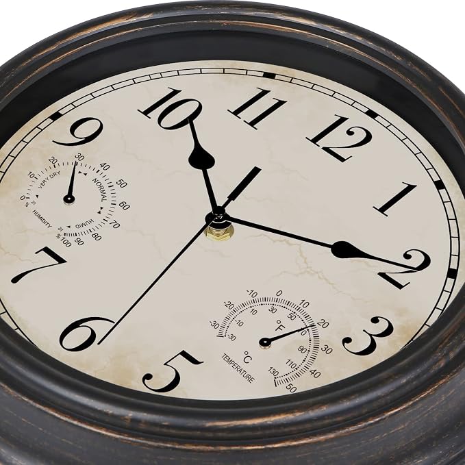 12 Inch Indoor Outdoor Retro Waterproof Wall Clock with Thermometer and Hygrometer, Battery Operated Quartz Round Wall Clock Silent Non Ticking Home Decor,Bronze