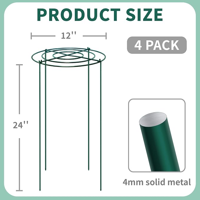 4 Sets Peony Support Cage,12"Diax24"High Heavy Duty Metal Plant Support,Grow Through Hoops Grids with 4 Thickened 4mm Legs,Strong Support Brace for Heavy Blossoms,Flower Support Ring for Peonies,Rose