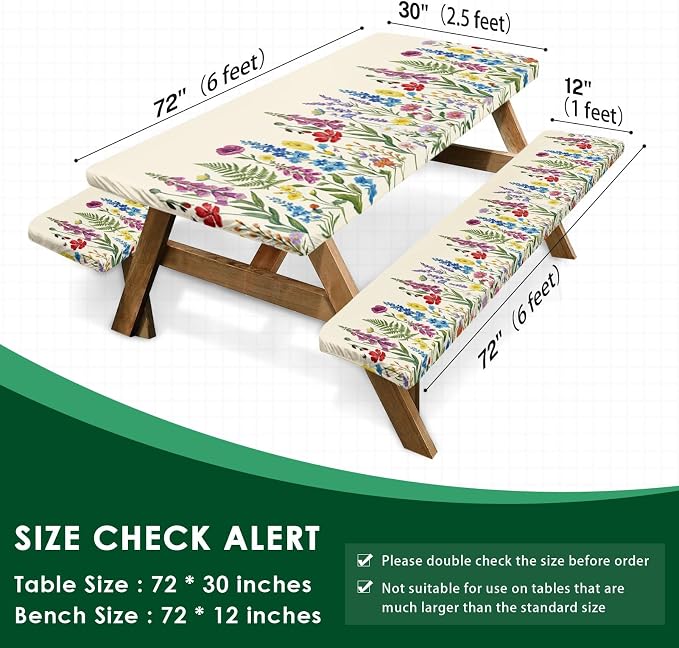 Picnic Table Cover with Bench Covers Elastic Edges, Cottagecore Camper Fitted Table Cover, Outdoor Camping Essentials 72 Inch 3PCS, Waterproof Camping Fitted Tablecloth with Drawstring Bag