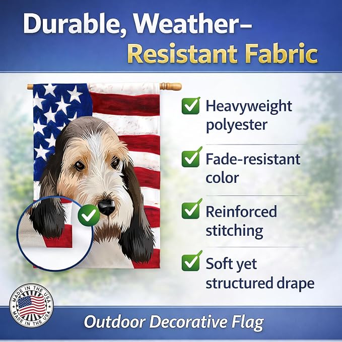Caroline's Treasures CK6419CHF Grand Basset Griffon Vendeen American Flag House Flag Large Porch Sleeve Pole Decorative Outside Yard Banner Artwork Wall Hanging, Polyester, House Size, Multicolor