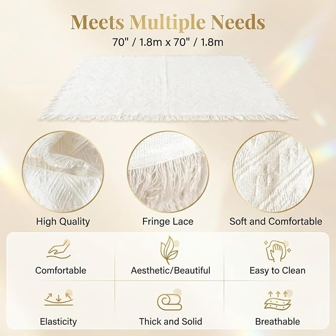 White Picnic Blanket, Extra Large Soft Cotton Gauze Picnic Rug 71"x71", Lightweight Breathable Blanket, Machine Washable for Beach, Camping, Park, Couples (Colorful Motifs-No Straps)