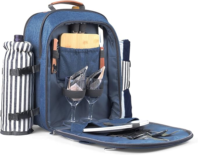 Sunflora Insulated Picnic Backpack for 2 Person Bag with Cooler Compartment, Blanket and Stainless Steel Cutlery Set for Couple, Lovers and Friends (Blue & Stripe)