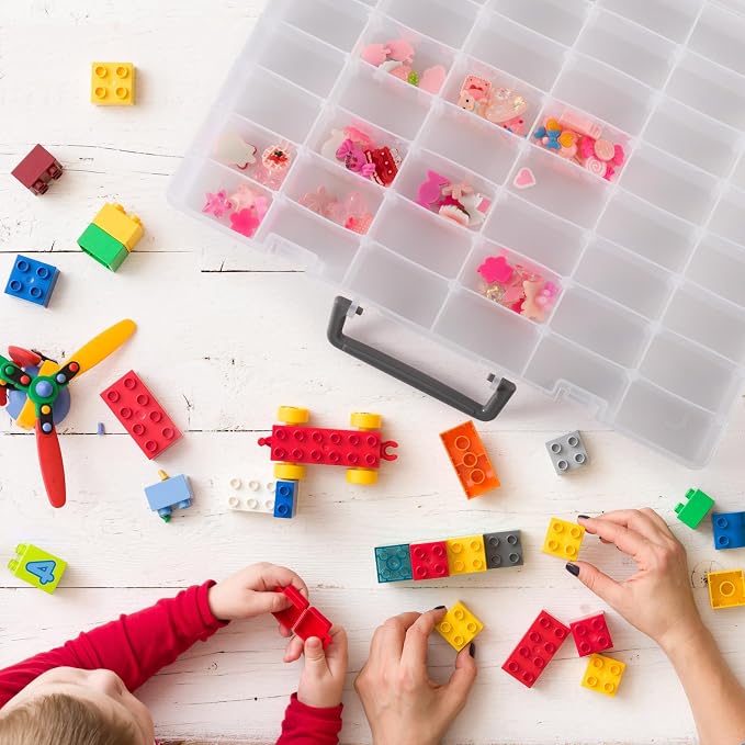 Large 48 Grids Clear Plastic Organizer Box with Adjustable Dividers | Multipurpose Craft Organizer for Hobby Small Parts, Portable Jewelry Bead Storage Container Tackle Box Organizer with Handle