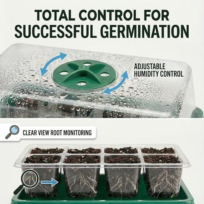 Seed Starter Tray with Grow Light, 4 Pack Seed Starter Kit with Adjustable Humidity Dome, 12-Cell Seedling Trays with Full Spectrum LED for Indoor Plant Germination, Green