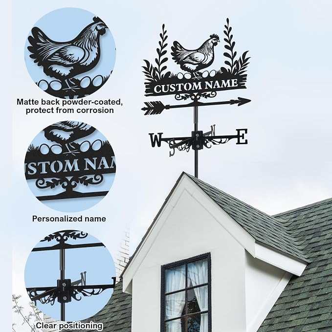 Personalized Metal Weather Vane, Custom Name Weathervane, Chicken Coop Signs, Weather Vanes for Outside, Wind Vanes for Farmhouse Yard Shed Decor, Housewarming Gifts Color02