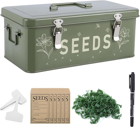 Seed Storage Organizer with Lid, Metal Seed Bin Seed Packet Container with 100 Plant Labels 50 Seed Envelopes 50 Plant Clips 1 Marker Pen, 4 Compartments Box with Locks