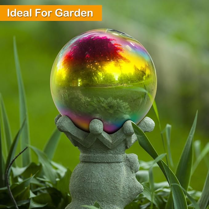 Suzile 2 Pieces Gazing Ball Hollow Gazing Mirror Ball Stainless Steel Garden Globe Gazing Globe Mirrored Surface Polished Ornament Sphere for Garden Outdoor Pool Yard Pond Lawn Home (Rainbow,10 Inch)