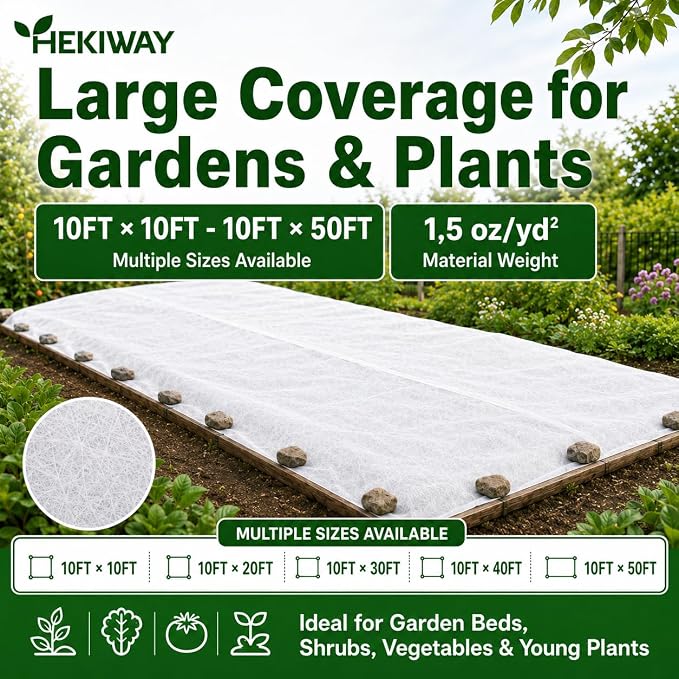 Frost Cloth Plant Freeze Protection, 10 FT x 10 FT 1.5 oz/yd² Garden Fabric Blanket, Plant Covers for Outdoor Plants, Floating Row Cover for Raised Beds and Vegetables
