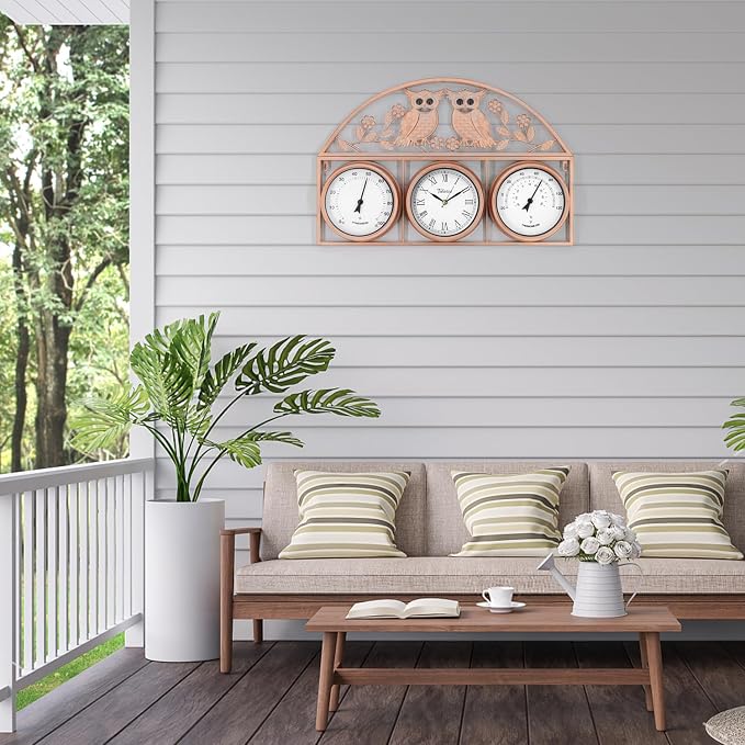 26Inch Large Outdoor Clock,Waterproof Wall Clock with Thermometer and Hygrometer Combo,Weatherproof Non-Ticking Battery Operated Decor Clock for Patio,Garden,Pool,Porch,House Warming Gifts