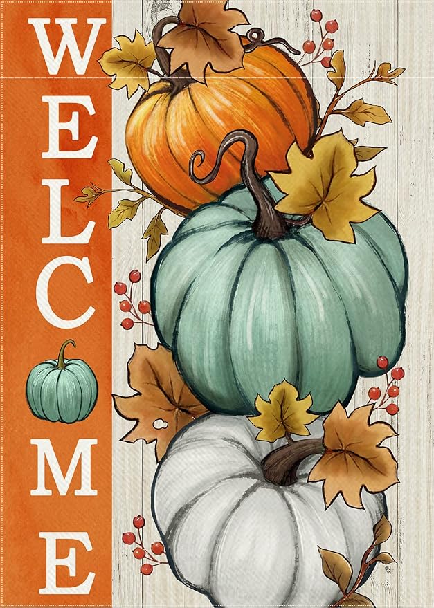 Welcome Fall Pumpkins Decorative Garden Flag, Autumn White Teal Pumpkin Farmhouse Yard Outside Decorations, Thanksgiving Seasonal Burlap Outdoor Small Home Decor Double Sided 12 x 18