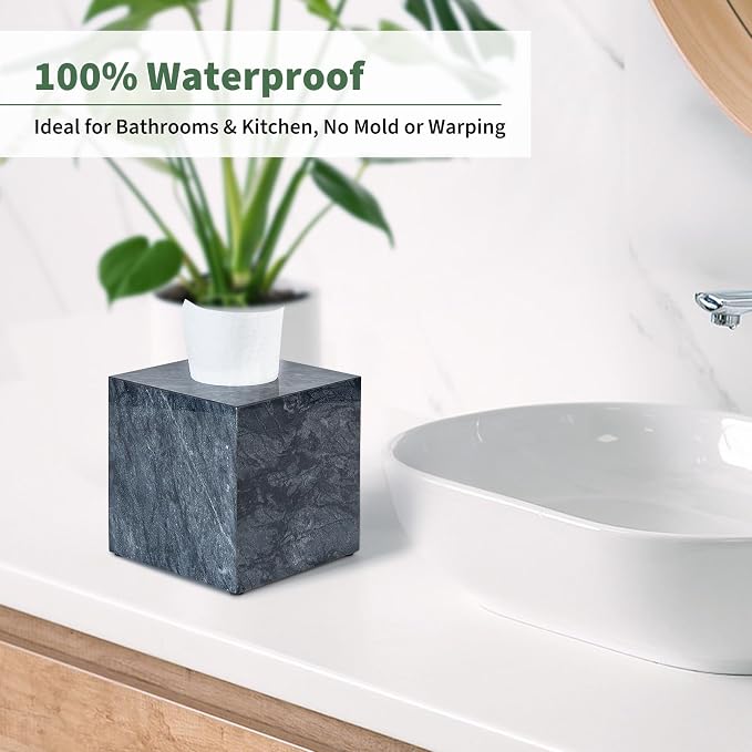 Real Natural Marble Tissue Box Cover, 5.5 Inch Square Marble Tissue Box Holder with Open Bottom, Heavy Stone Decorative Organizer for Bathroom Vanity, Kitchen Countertop, Luxury Home Décor