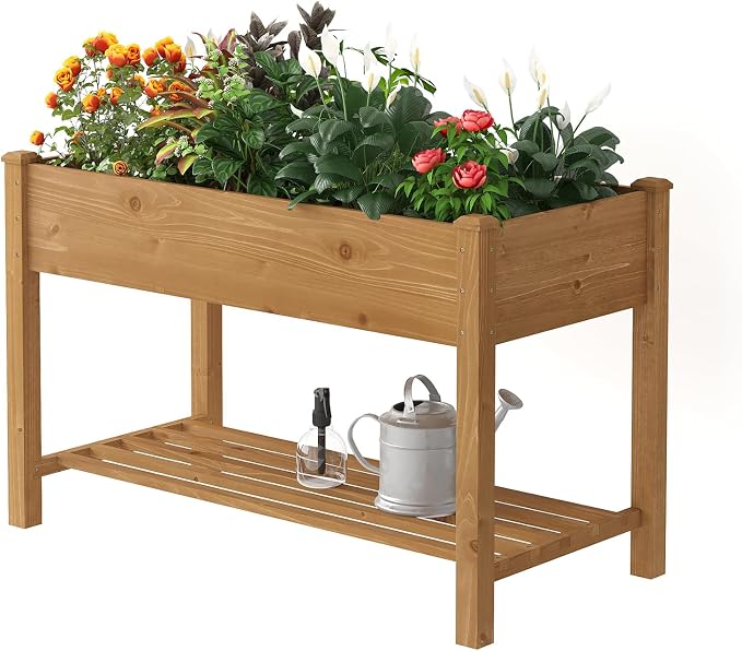 PL 48x24x30.5IN Raised Garden Bed with Legs Elevated Wooden Planter Box Stand Large Planter Stand Box for Fruits Vegetables Flowers Herbs w/Divider Liner (Brown-M)
