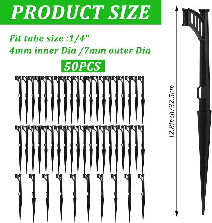 50 Pcs 12.8" Irrigation Drip Support Stakes 1/4 Inch Drip Irrigation Stakes for 1/4 Inch Drip Irrigation Tubing Hose Holder Drip Irrigation Support Stakes for Gardens Irrigation Supplies