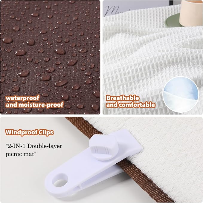 stylish white picnic blanket waterproof and sandproof,all-weather 2-in-1 dual-layer beach blanket for families, outdoor adventures and pets (Grid pattern)