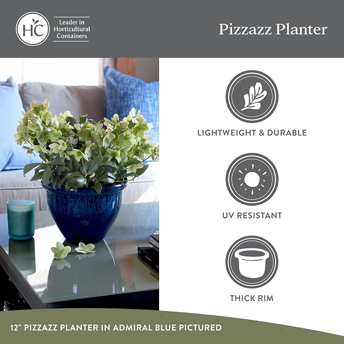 The HC Companies 9 Inch Pizzazz Round Planter Pots with Ceramic Look, Lightweight UV-Resistant Plastic Indoor & Outdoor Planters, 2-Pack Flower Pots for Garden & Home Decor, Admiral Blue