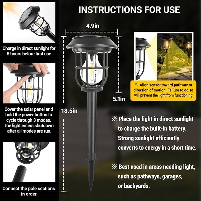 6 Pack Solar Pathway Lights with Motion Sensor, 300LM Waterproof Outdoor Solar Lights, 3 Modes Landscape Lighting for Garden Backyard Path Driveway, Wall Mount and Hanging (Warm)