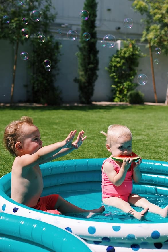Rae Dunn x CocoNut Float Aqua Polka Dot Mini Pool, Hello Summer Theme | Inflatable swimming pool for kids, splash design, easy setup, great backyard fun, durable, perfect for summer parties