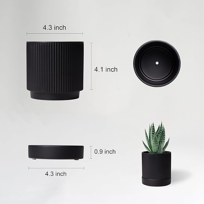 HERDUK Small Plant Pots, 4 Inch Pots for Indoor Plants, Modern Minimalist Ceramic Plant Pots with Drainage Hole & Saucer, Matte Black Set of 2
