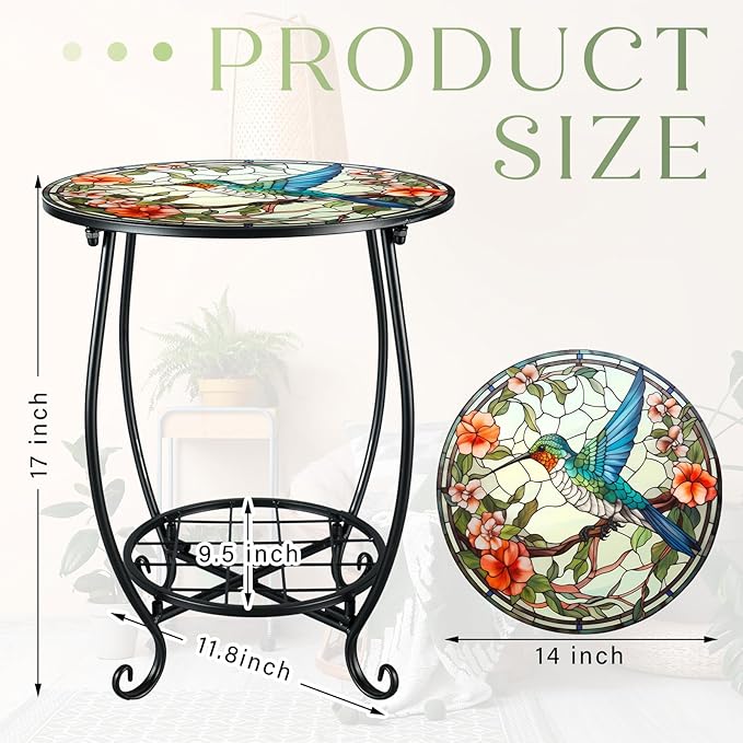 Cinnvoice Outdoor Side Table Round Small Mosaic Patio Accent Indoor End Plant Coffee Tea Table for Yard Patio Porch Garden Living Room, Bedroom(Hummingbird A Style,14 Inch)