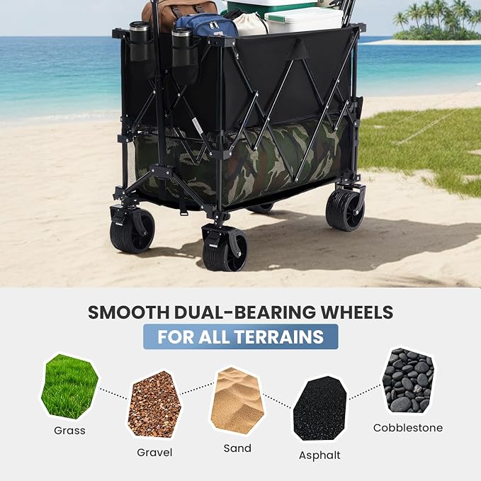 DUMOS 440LBS Heavy Duty Double Decker Wagon with 51IN Extender, 400L Large Capacity Collapsible Garden Cart, All-Terrain 7IN Wheels with Brakes, Foldable Utility Wagon for Shopping, Camping, Black
