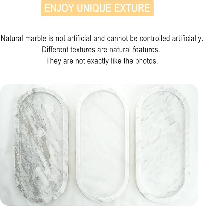 Natural Marble Vanity Tray Waterproof Italy Stone Bathroom Organizer for Perfume, Candles & Jewelry Non-Slip Oval Storage Tray for Spa, Bedroom, Kitchen 9.8" x 4.5" White (BH101)