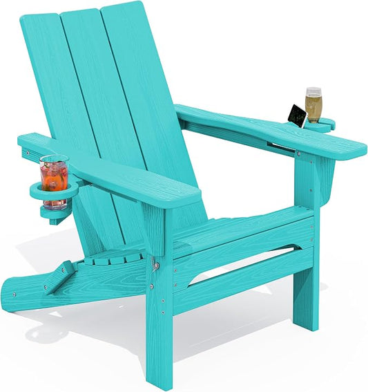 SERWALL Modern Adirondack Chair, Folding Adirondack Chair with Cup Holders, Outdoor HDPE Fire Pit Chair for Patio, Lawn, Garden, Aruba