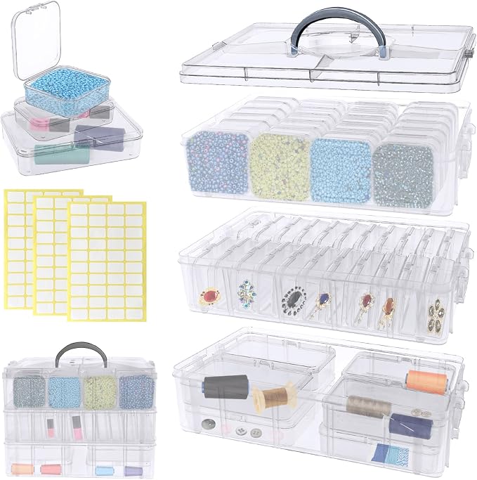 Guyuyii 58 Pcs Transparent Bead Organizer with Portable Handle and Labels | 3-Tier Bead Organizers and Storage for Craft Supplies, Jewelry Making, Diamond Painting, Earrings, Sewing