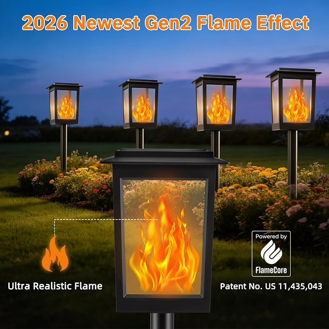 KYEKIO Large Size & Gen2 Flickering Flame Solar Torch Lights, 6Pack Solar Lights Outdoor Waterproof for Outdoor Decor, Garden Lights Solar Powered, Tiki Torches for Outside Pathway Patio Yard Decor