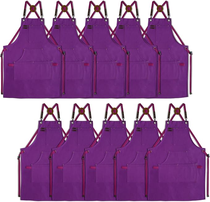 10 Pack Kitchen Apron, Work Apron, Canvas Apron, Purple | Multiple Pockets, Gardening, Painting, BBQ, Artist, Carpenter, Sizes M to XXL