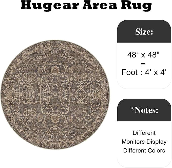 4ft Brown Vintage Floral Washable Round Rug for Entryway | Low Pile, Non Slip, Retro Style, Soft Distressed Indoor Rug for Living Room, Bedroom, Office, Laundry Room, Home Decor