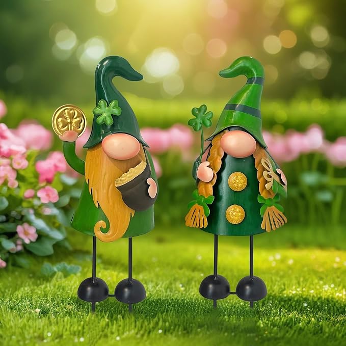 18 Inch Spring Gnomes Outdoor Decor, 2Pcs Metal Gnomes Garden Stakes, Gnome Gifts for Women Outside Decorations for Yard Home Garden Lawn Patio