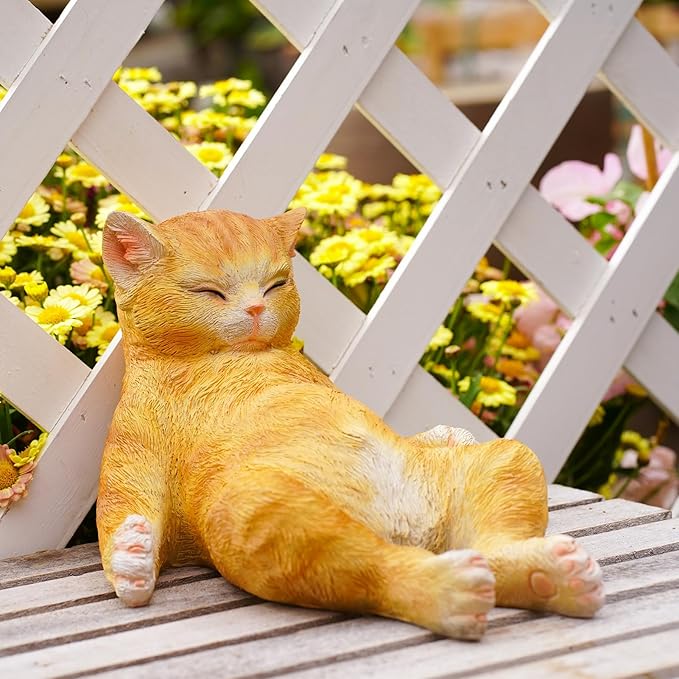 Sleeping Orange Cat Statue Outdoor Garden Decor, Realistic Resin Garden Cat Figurine, Indoor/Outdoor Decor, Heartwarming Memorial Gift for Cat Lovers, Lifelike Feline Sculpture for Patio & Yard