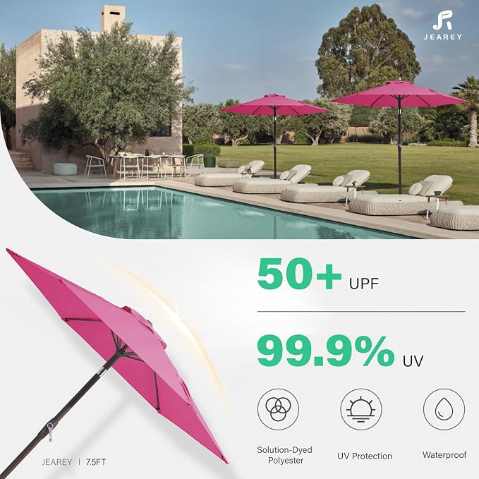JEAREY 7.5FT Patio Umbrella Market Table Umbrella with 6 Sturdy Ribs, Push Button Tilt/Crank Outdoor Umbrella for Garden, Deck, Backyard, Pool and Beach,Rose Pink