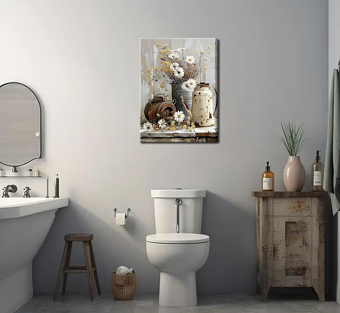 Farmhouse Rustic Flower Bathroom Canvas Wall Art White Jasmine and Rust Color Watering Can Wall Decor Picture Vintage Daisy Floral Posters Print for Bathroom Toilet Washroom Lavatory Home Decoration