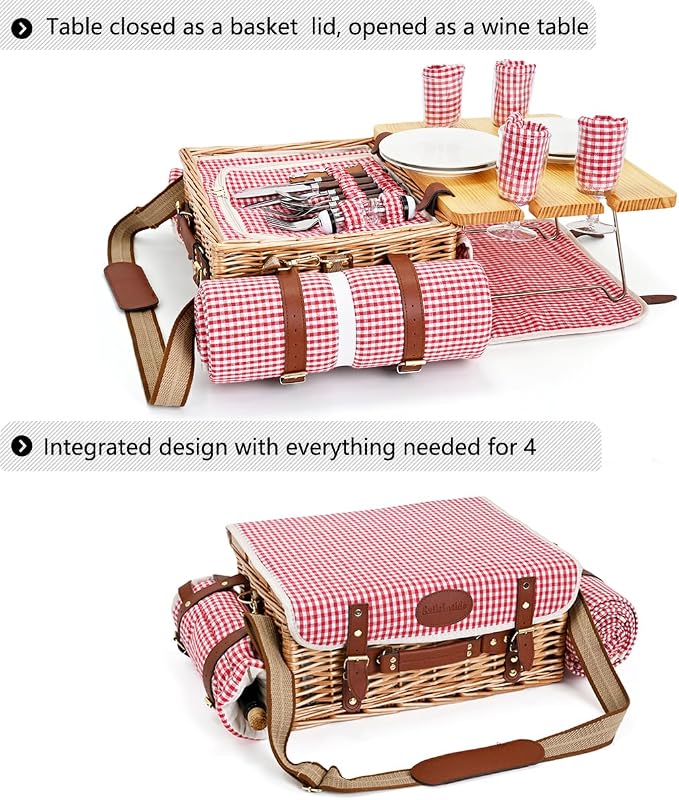 Multifunctional Wicker Picnic Basket Set for 4 with Blanket and Picnic Table, Insulated Picnic Set with Full Tablewares for Camping Outdoor Couples, Gingham