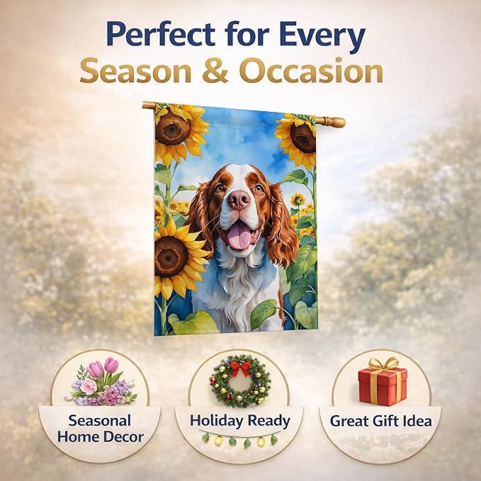 Caroline's Treasures DAC6171CHF Welsh Springer Spaniel in Sunflowers House Flag Large Porch Sleeve Pole Decorative Outside Yard Banner Artwork Wall Hanging, Polyester, House Size, Multicolor