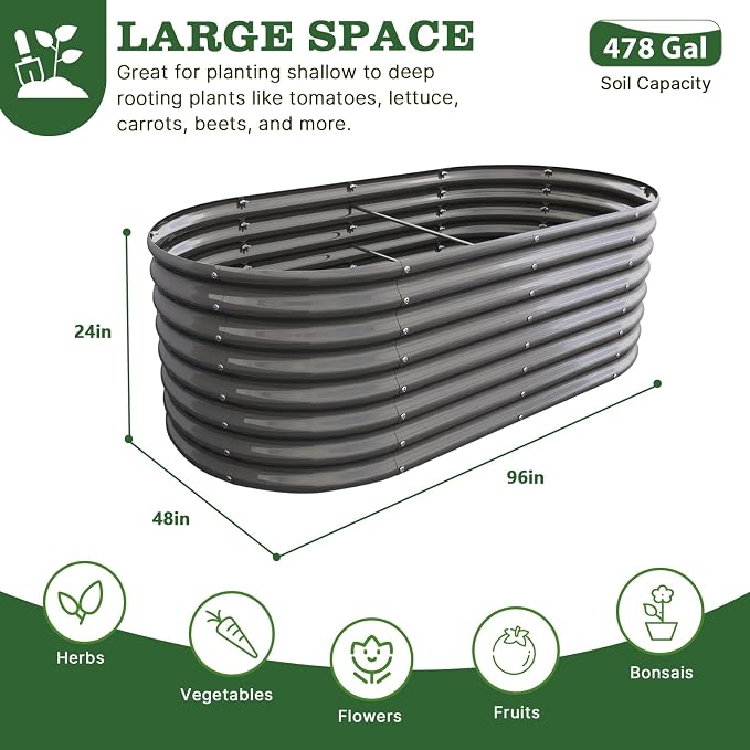 A ANLEOLIFE 8x4x2ft Galvanized Raised Garden Bed Kit, Oval Metal Deep Root Planters for Outdoor Plants Vegetables Flowers Herb, Large Bottomless, 478 Gallon Capacity- Quartz Grey