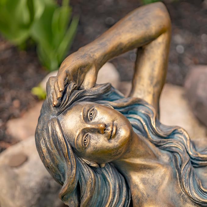 Magnesium-Based Cement Mermaid Statues for Both Indoor and Outdoor Use (Reclining on Rock Mermaid Camree)
