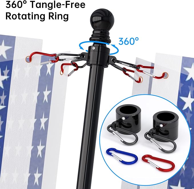 ZMTECH 2 Pack 6FT Black Flag Pole Kit for Outside House with Solar Light & American Flag, 180° Adjustable Bracket and Upgraded Tangle-Free Ring 1" Stainless Steel Flagpole for Residential, Commercial