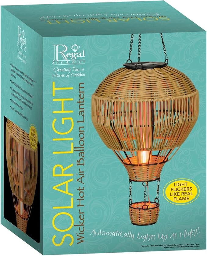 Regal Art & Gift Hot Air Balloon Solar Lantern – Hanging Solar-Powered LED Lights, Waterproof Portable Decorative Outdoor Lamp Made of Metal & Glass for Garden, Patios & Pathway – Wicker (X-Large)