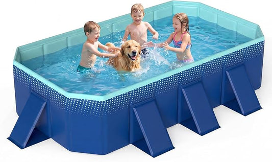 Goplus Foldable Non-Inflatable Swimming Pool, Portable Rectangle Around Ground Pool with 24 Hard Shell, Drain Hose, Outdoor Collapsible Kiddie Pool for Backyard Garden (Navy+Green,88x50 in)