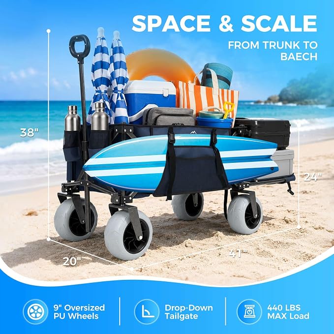Heavy Duty Beach Wagon with 9" Big Sand-Proof Wheels, 200L Oversized Foldable Beach Cart, 440LBS Utility Wagon with Side Pocket for Sand,Camping,Vacation