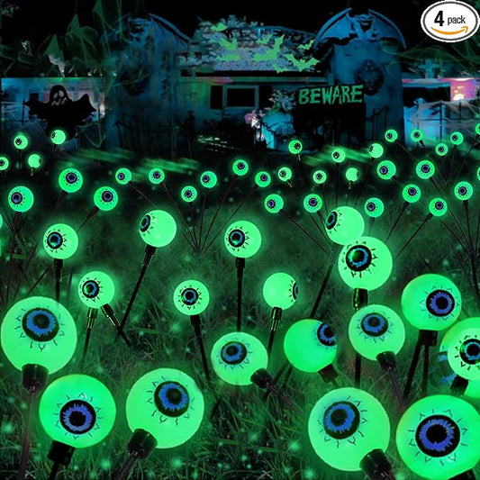 YIQU 4 Pack Solar Halloween Lights Outdoor, Solar Eyeball Lights, 24 LED Green Eyeball Swaying Light with 2 Lighting Modes, Waterproof Outdoor Halloween Decorations for Walkway Yard Lawn Horror Party