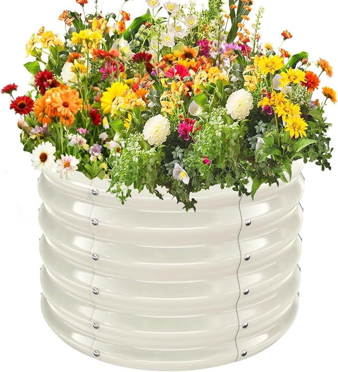 YSEJOMP 17" Tall Round Outdoor Garden Raised Garden Bed Kits-0.8MM Thick Metal Raised Planter Bed/Ground Planter Box for Variety of Flowers,Herbs,Vegetables,Trees (Cream White, 24 Dia X 16.5 inches)