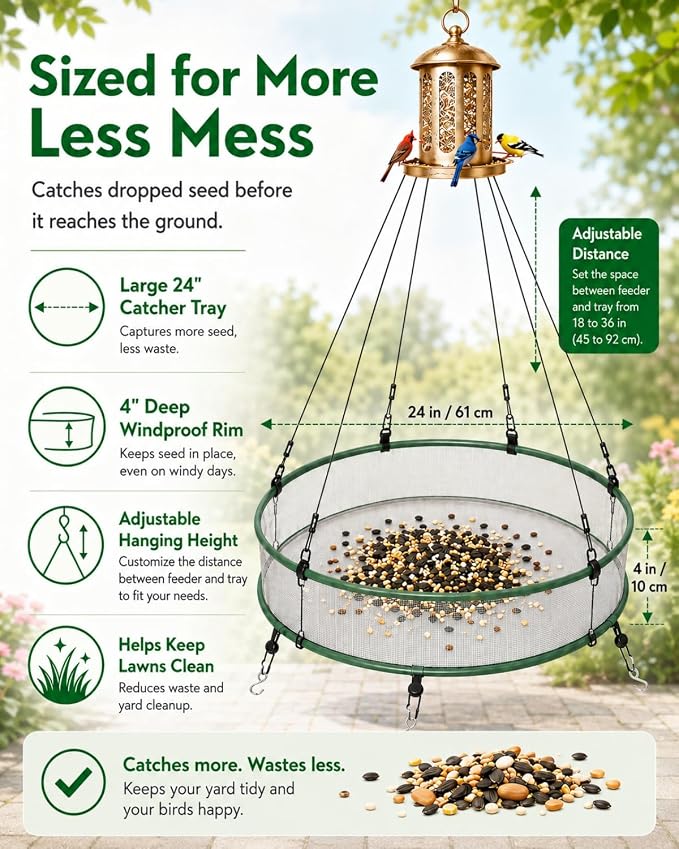 2-Pack Bird Seed Catcher Tray for Outdoor Hanging Feeders, 24" Large Upgraded Anti-Flip Feeder Tray with 4" Deep Windproof Platform, Stable Design to Catch Dropped Seeds, Fits Most Bird Feeders