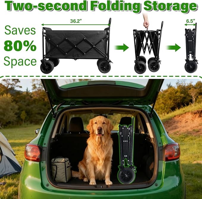 Folding Wagon Cart with All-Terrain Wheels – Heavy Duty Collapsible Utility Wagon for Grocery, Sports, Garden, Camping, Shopping (Black 600LBS)