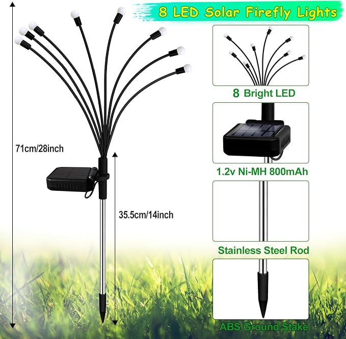 Kohlrabi Solar Garden Lights Outdoor, 6 Pack 48 LED Blue Firefly Lights Waterproof, Sway by Wind, Solar Wind Swaying Light for Yard Patio Backyard Garden Planter Flower Bed Pathway Decoration