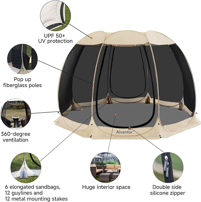 Alvantor Pop Up Screen House Tent, Instant Outdoor Gazebo with Mosquito Netting & UPF 50+ Sun Protection, Portable Canopy Shelter for Patio, Backyard, Camping (2-10 Person)