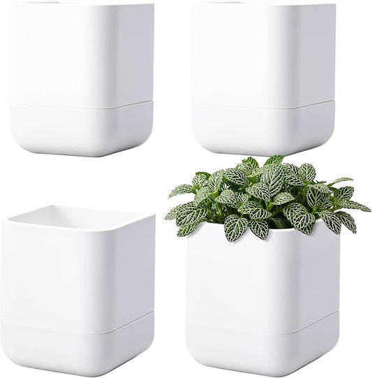 Phoenix Vine 3.5 Inch Wall Mounted Self-Watering Planter Pot for Indoor Houseplants and Herbs | Hanging Planter for Window Sills, Bathroom Walls, Home & Office Décor, White, Set of 4, 01-A-D-4