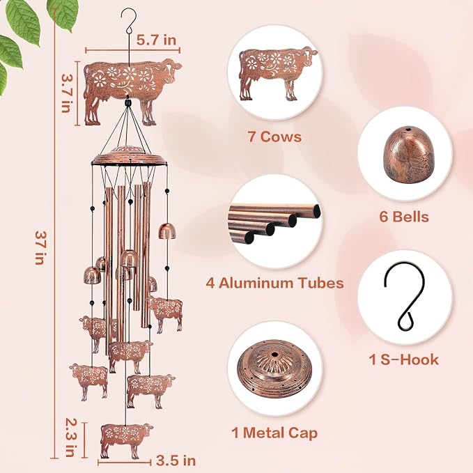Cow Wind Chimes for Outside,Cow Gifts for Women/Men/Sympathy/Memorial/Festival Birthday Gifts Metal windchimes Outdoors/Indoors,Patio,Garden Decor,Yard Decor,Home,Porch